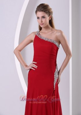 Beaded One Shoulder Wine Red High Slit Prom Evening Dress