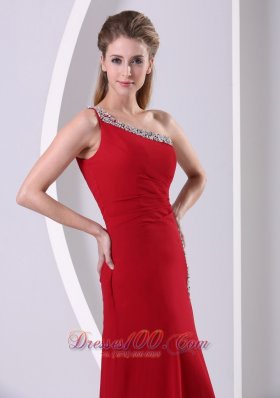 Beaded One Shoulder Wine Red High Slit Prom Evening Dress