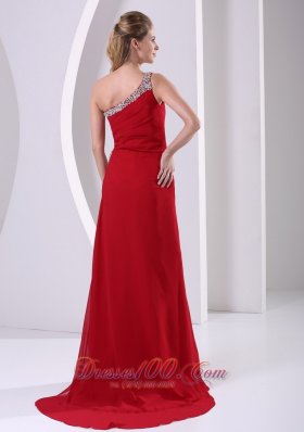 Beaded One Shoulder Wine Red High Slit Prom Evening Dress