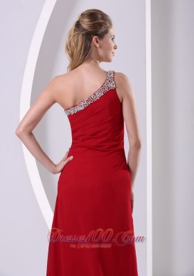 Beaded One Shoulder Wine Red High Slit Prom Evening Dress