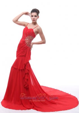 Spaghetti Straps Red Beaded Ruch Prom Celebrity Dress Court Train