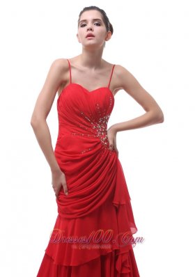 Spaghetti Straps Red Beaded Ruch Prom Celebrity Dress Court Train