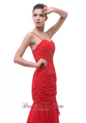 Spaghetti Straps Red Beaded Ruch Prom Celebrity Dress Court Train