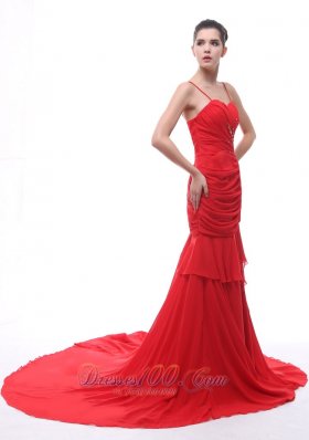 Spaghetti Straps Red Beaded Ruch Prom Celebrity Dress Court Train