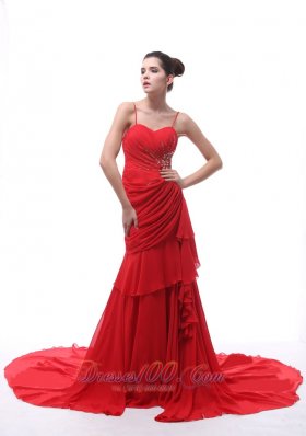 Spaghetti Straps Red Beaded Ruch Prom Celebrity Dress Court Train