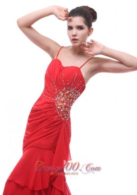 Spaghetti Straps Red Beaded Ruch Prom Celebrity Dress Court Train