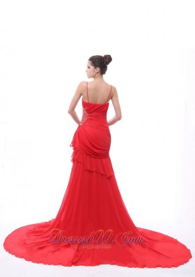 Spaghetti Straps Red Beaded Ruch Prom Celebrity Dress Court Train