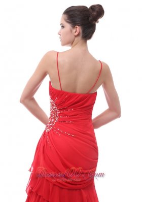 Spaghetti Straps Red Beaded Ruch Prom Celebrity Dress Court Train