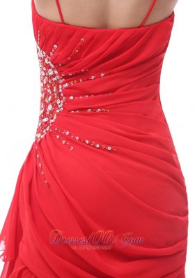 Spaghetti Straps Red Beaded Ruch Prom Celebrity Dress Court Train