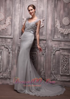 Gray V Neck Chiffon Beading Prom Formal Evening Dress