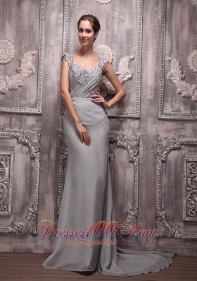 Gray V Neck Chiffon Beading Prom Formal Evening Dress