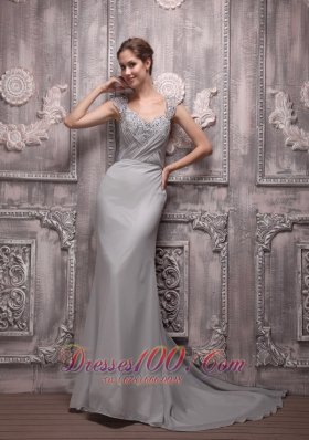 Gray V Neck Chiffon Beading Prom Formal Evening Dress