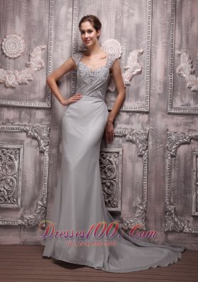 Gray V Neck Chiffon Beading Prom Formal Evening Dress