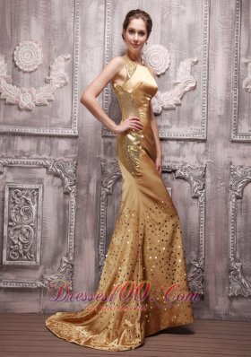 Sequin Gold Bateau Beading Prom Evening Dress Brush