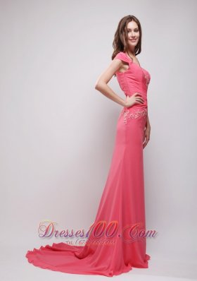 Appliques Coral Red V-neck Chiffon Prom Evening Dress