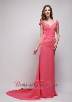 Appliques Coral Red V-neck Chiffon Prom Evening Dress