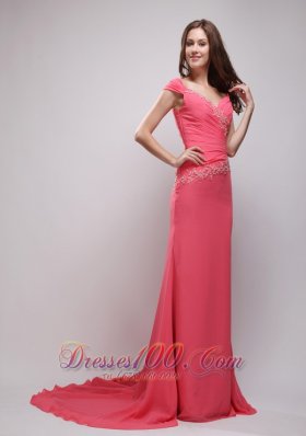 Appliques Coral Red V-neck Chiffon Prom Evening Dress