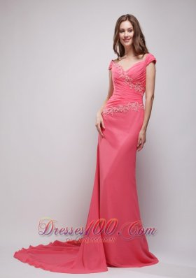 Appliques Coral Red V-neck Chiffon Prom Evening Dress