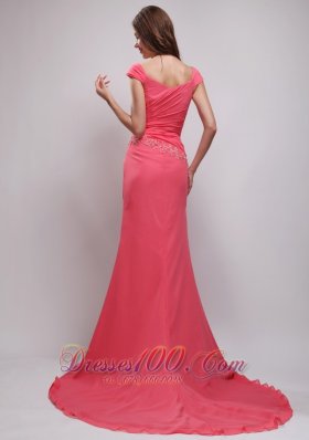 Appliques Coral Red V-neck Chiffon Prom Evening Dress