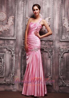 Rose Pink One Shoulder Beaded Evening Dress For Prom