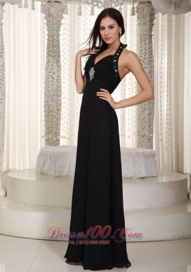 Black Halter Beading Prom Celebrity Dress Chiffon