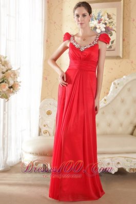 Cap Sleeves Beaded Red Prom Evening Dress Brush Train