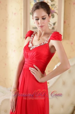 Cap Sleeves Beaded Red Prom Evening Dress Brush Train