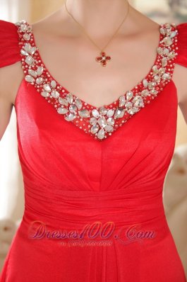 Cap Sleeves Beaded Red Prom Evening Dress Brush Train