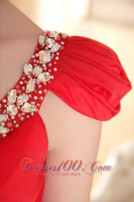 Cap Sleeves Beaded Red Prom Evening Dress Brush Train