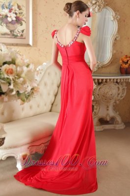 Cap Sleeves Beaded Red Prom Evening Dress Brush Train