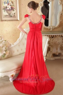 Cap Sleeves Beaded Red Prom Evening Dress Brush Train