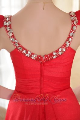 Cap Sleeves Beaded Red Prom Evening Dress Brush Train