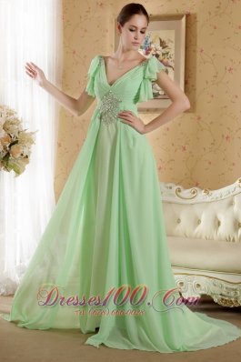 Apple Green Sleeves Prom Graduation Dress Beaded