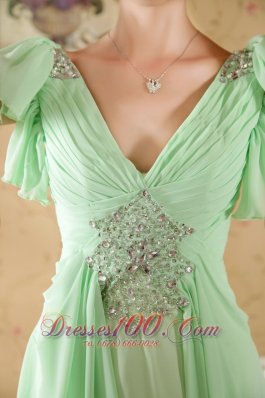 Apple Green Sleeves Prom Graduation Dress Beaded