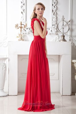 V-neck Beading Red Evening Prom Dress Brush Train