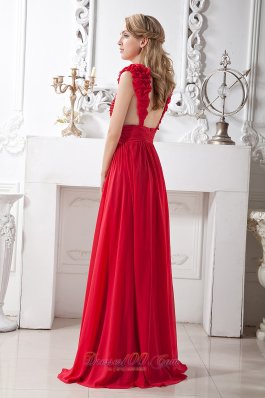 V-neck Beading Red Evening Prom Dress Brush Train