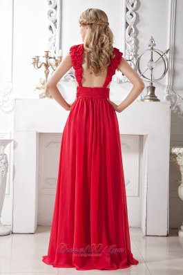 V-neck Beading Red Evening Prom Dress Brush Train