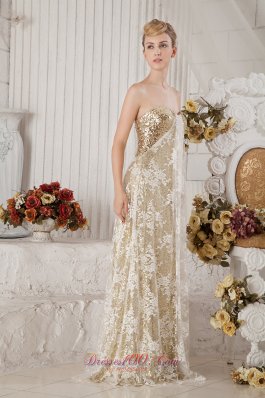 Gold Sequins and White Lace Champagne Prom Celebrity Dress