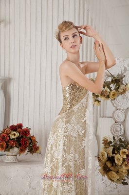 Gold Sequins and White Lace Champagne Prom Celebrity Dress