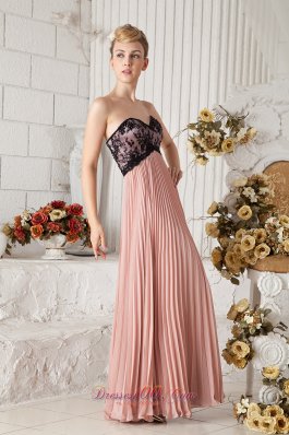 Peach Pleated Black Lace Prom Homecoming Dress Chiffon