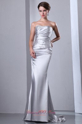 Silver Beading Evening Prom Dress Ruched Strapless