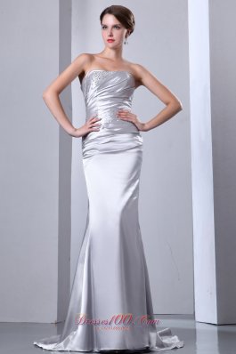 Silver Beading Evening Prom Dress Ruched Strapless