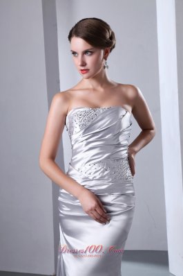 Silver Beading Evening Prom Dress Ruched Strapless