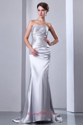 Silver Beading Evening Prom Dress Ruched Strapless