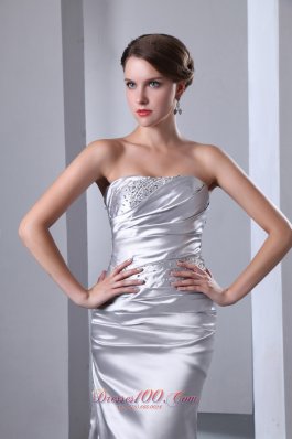 Silver Beading Evening Prom Dress Ruched Strapless