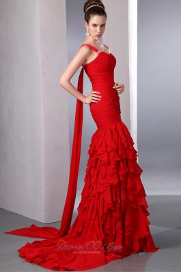 Bright Red One Shoulder Prom Evening Dress Ruffles