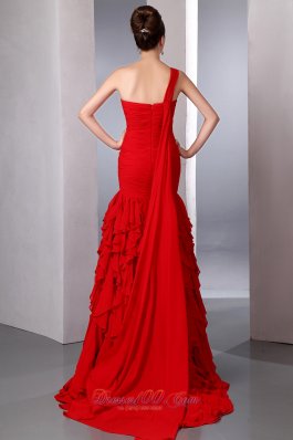 Bright Red One Shoulder Prom Evening Dress Ruffles