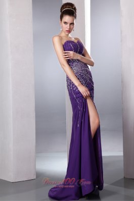 Purple Sweetheart High Slit Prom Evening Dress Chiffon Beaded