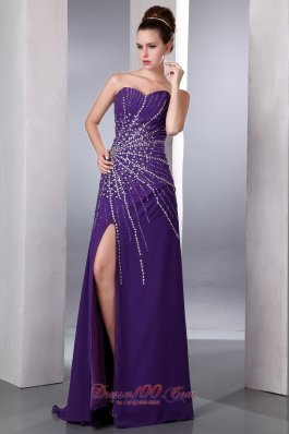 Purple Sweetheart High Slit Prom Evening Dress Chiffon Beaded