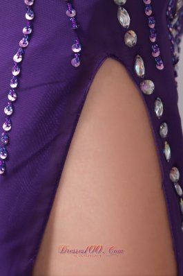 Purple Sweetheart High Slit Prom Evening Dress Chiffon Beaded